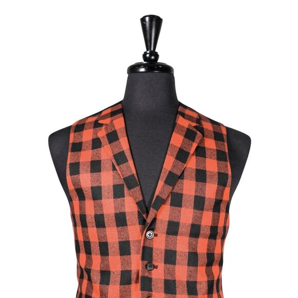 Mens Vest 40R Wool Orange Black Plaid Check Waistcoat Formal Wedding Groom Party - Picture 4 of 9